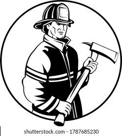 American Fireman Firefighter First Responder Holding Fire Ax Mascot Black and White 
