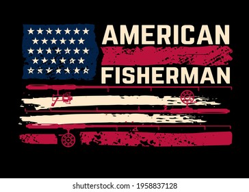 American fisherman. American flag with fishing rods. Design element for poster, card, banner, t shirt. Vector illustration