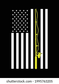 American fishing flag. Black and white USA flag and yellow fishing rod vector. Design element for poster, t-shirt print, card, advertising