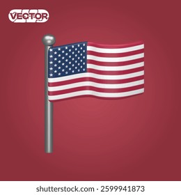 the American flag 3D vector icon set on red background. realistic illustration