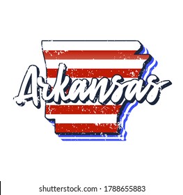 American flag in arkansas state map. Vector grunge style with Typography hand drawn lettering arkansas on map shaped old grunge vintage American national flag isolated on white background
