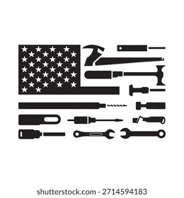 Bandera americana artísticamente construida a partir de varias herramientas con un diseño patriótico y creativo