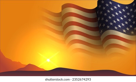 diseño de fondo de bandera estadounidense en ilustración vectorial de vista de puesta de sol