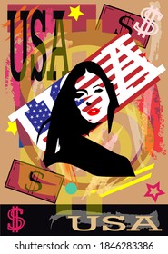 American flag background with girl silhouette and USA text, vector.