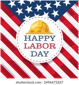 American flag background with a hard hat and Happy Labor Day text. Suitable for Labor Day promotions, patriotism themed designs, and celebrations. Layered EPS Vector