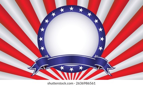 American flag background for a patriotic Fourth of July independence celebration with stars, stripes and An elegant vintage red blue and white frame ribbon design with an American flag emblem