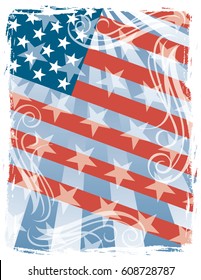 American Flag Background with scrolls and stars has transparency effects.