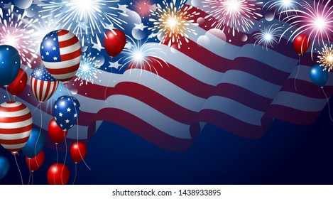 American flag and balloon with fireworks banner for USA 4th of july USA Independence day vector illustration