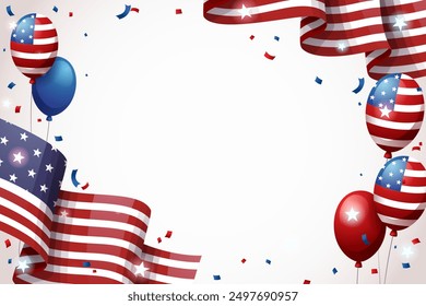 American flag with balloons on edge of background . Vector .