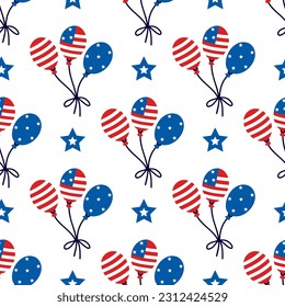 Globos de la bandera estadounidense con un patrón vectorial sin fisuras. Paquete de decoraciones de vacaciones para el 4 de julio, Día de la Independencia de Estados Unidos. Símbolo patriótico de libertad con estrellas. Fondo plano de caricatura para afiches, imprimir