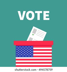 American flag Ballot Voting box with paper blank bulletin concept. Polling station. President election day Vote. Isolated Green background Flat design Card. Vector illustration