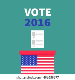 American flag Ballot Voting box with paper blank bulletin concept. Polling station. President election day Vote 2016. Isolated Green background Flat design Card. Vector illustration