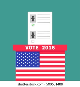 American flag Ballot Voting box with paper blank bulletin Man Woman concept. Polling station. President election day Vote 2016. Green background Flat design Card Vector illustration