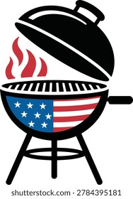 american flag barbecue grill vector illustration showing open lid with red flames patriotic stars stripes design for usa summer bbq cookout party celebration