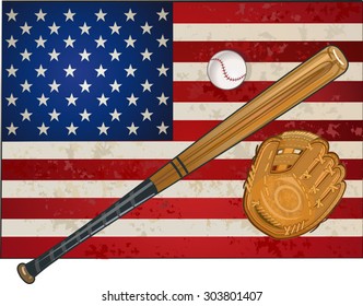 American Flag and Baseball, Baseball Bat, Baseball Glove