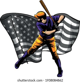 american flag with baseball player vector illustration