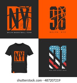 American Flag und Basketball alten Grunge-Effekt tee Print Vektordesign. Premium-Qualität Superior Sportnummer Retro Logo Konzept. Die Straße in New York trägt ein T-Shirt-Emblem.