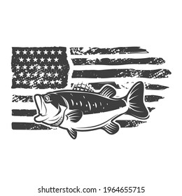 American flag with bass fish illustration. Design element for poster, card, banner, t shirt. Vector illustration