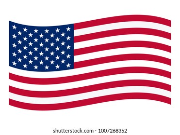 American flag blown by the wind isolated on white background. Official colors and proportion of flag of USA. Vector illustration