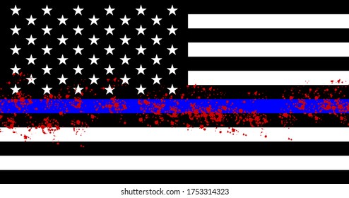 American flag with blue line and red splash.  Сampaign against Police Brutality