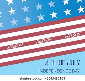 American flag with bold inscription Independence Day, July 4th, freedom. Patriotic design celebrating USA national holiday. Perfect for banners, posters, and festive event visuals. Flat vector style.