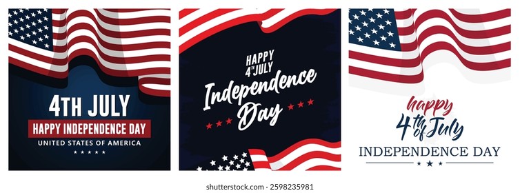 The American flag and bold text symbolize the spirit of patriotism.  American flag with stars and stripes.  Independence Day USA concept.Set flat vector illustration.