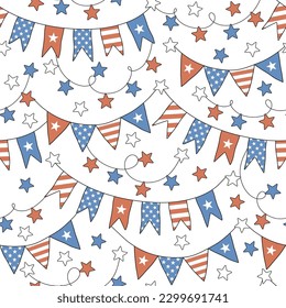 American flag bunting Star garland vector seamless pattern. Patriotic USA Independence Day background. 4th of July surface design for packaging, scrap book, textile, card making