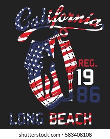 American Flag and california beach surfer graphic design vector art