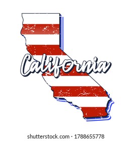 American flag in California state map. Vector grunge style with Typography hand drawn lettering California on map shaped old grunge vintage American national flag isolated on white background