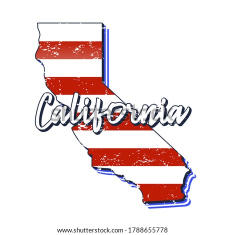 American flag in California state map. Vector grunge style with Typography hand drawn lettering California on map shaped old grunge vintage American national flag isolated on white background