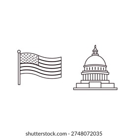 American flag and capitol building illustration. Symbols of nation and government. Celebrate independence and freedom. Iconic landmarks and patriotic imagery.