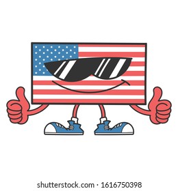 american flag cartoon character with sunglasses giving thumbs up isolated on white background