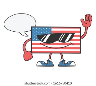 american flag cartoon character with sunglasses and blank speech bubble isolated on white background