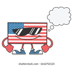 American flag cartoon with sunglasses and speech bubble isolated on white background