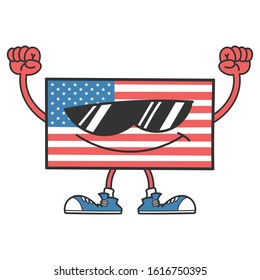 American flag character with sunglasses and arms in the air isolated on white background