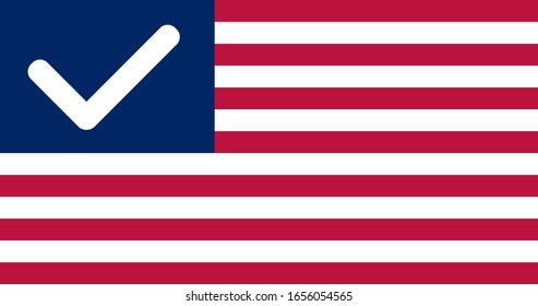 American flag with check mark symbol. Election in United States of America 2020 campaign logo. Voting in USA. US candidate voting. Flat vector illustration.