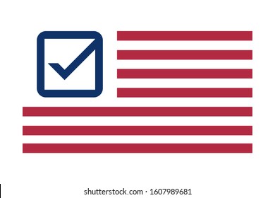 American flag with checkmark symbol instead stars. US 2020 president election text and us flag. Political election campaign logo. Voting in USA. US candidate voting. Flat vector illustration