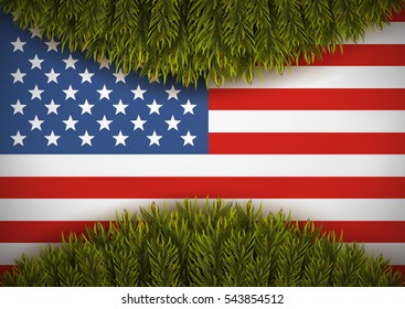 American flag and christmas tree. Greeting card.