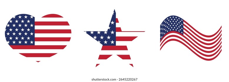 American flag collection,  USA  flag vector icons.   Vector for websites, mobile interfaces, presentations, banner, visual branding etc. Vector illustration. 