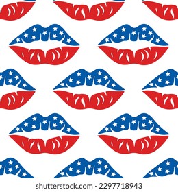 American flag color lips seamless vector pattern. Bright blue-red kiss with white stars. USA Independence Day, July 4th. Traditional national holiday. Flat cartoon background for posters, print, web