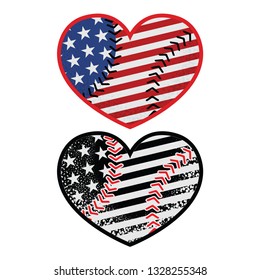 American flag in a color and monochrome heart shaped baseball ball. Baseball love. Vector illustration