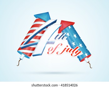 American Flag color rockets with stylish text 4th of July on shiny background for Independence Day celebration.