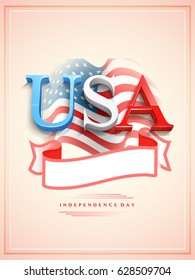 American Flag color text USA with blank ribbon on waving flag background. Creative Template, Banner or Flyer design.