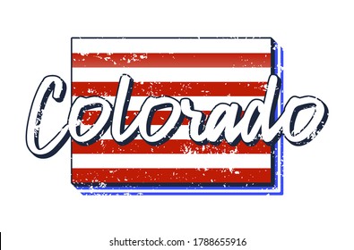 American flag in colorado state map. Vector grunge style with Typography hand drawn lettering colorado on map shaped old grunge vintage American national flag isolated on white background