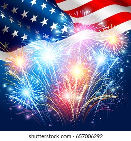 American flag with colored fireworks on Independence Day. Vector illustration