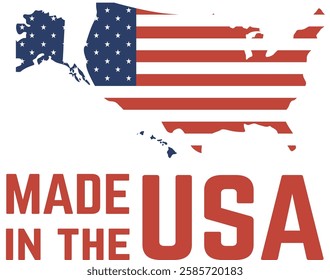 American flag colors filling the map of the United States with the writing made in the USA below, promoting american products and national pride