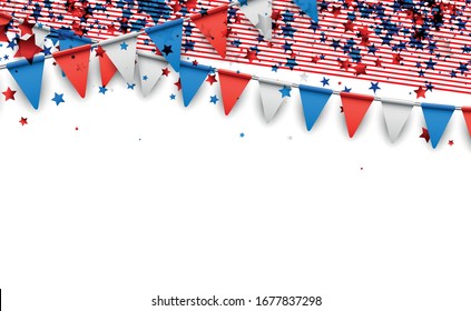 American flag colors garland with small red, blue and white triangles. Red and white lines with stars on it.