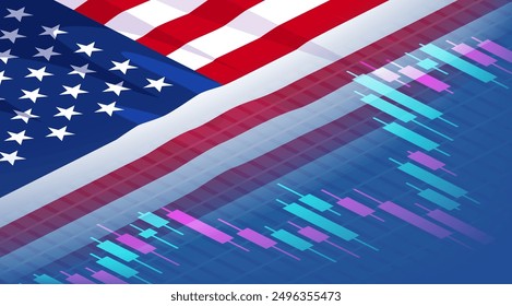 Bandera americana combinada con un gráfico de negociación de bolsa. Concepto digital isométrico del mercado de valores estadounidense.