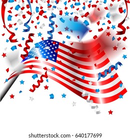American Flag with confetti for Independence Day of USA celebration