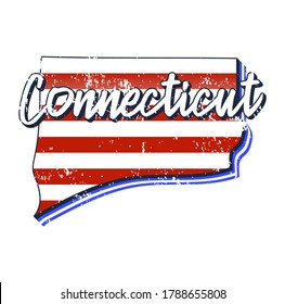 American flag in connecticut state map. Vector grunge style with Typography hand drawn lettering connecticut on map shaped old grunge vintage American national flag isolated on white background